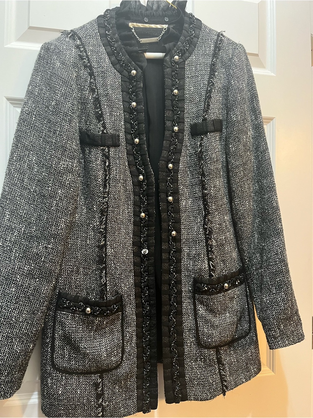White House Black Market Elegant Black & Gray Tweed Jacket with Trim Detail